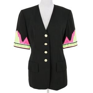 Louis Feraud Jacket Womens 8 Black Green Pink Sleeve Trim Lined Career Vintage